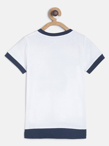 Boys Cotton White Printed T-Shirt With Olive Denim Washed Slim Fit Jeans