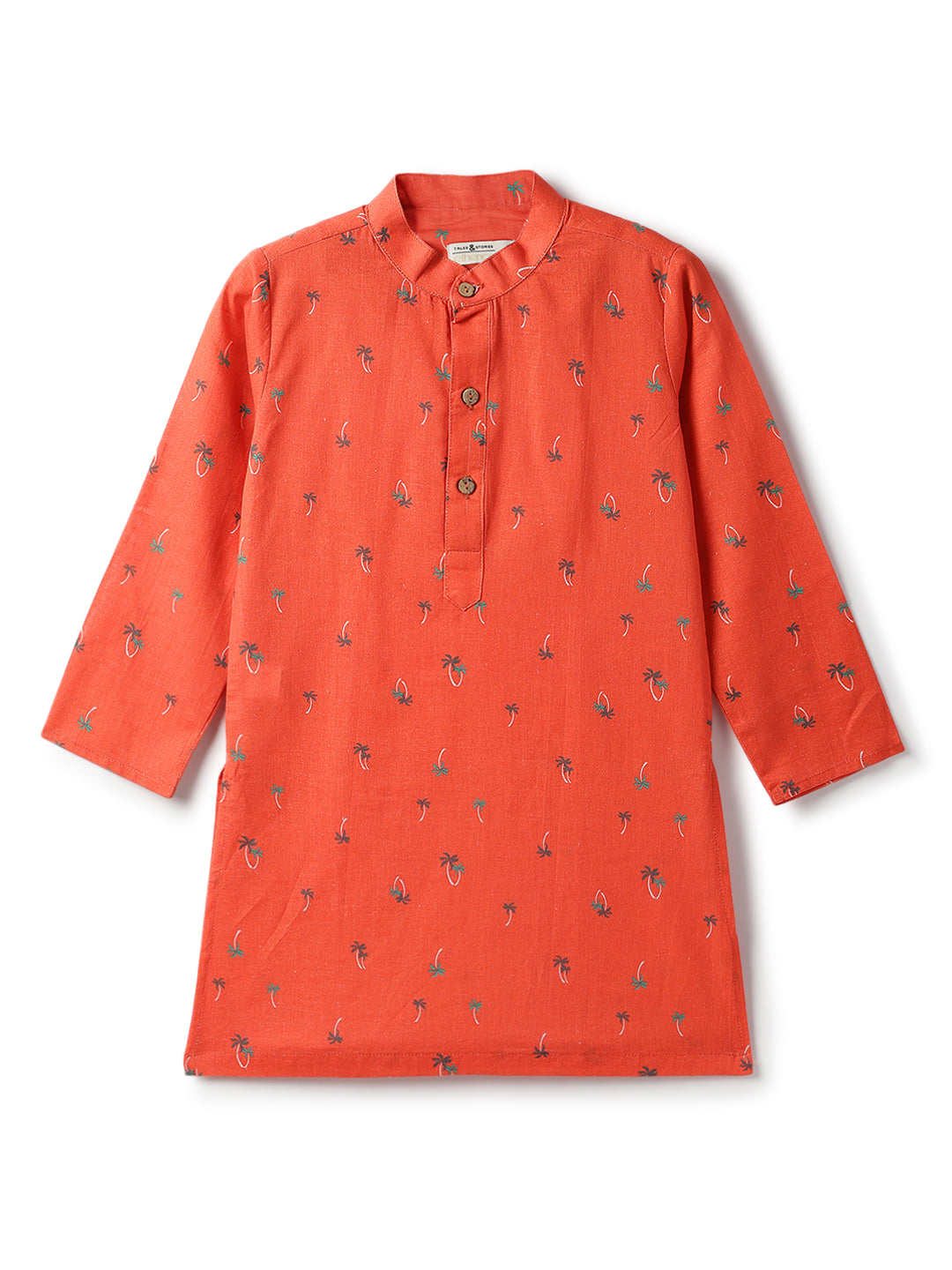 Boys Cotton Boys Orange Full Sleeve Floral Kurta Set