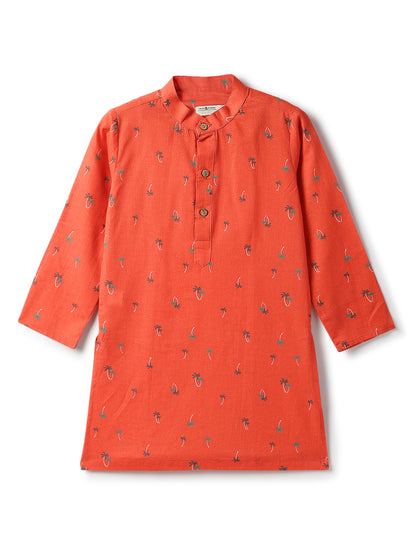 Boys Cotton Boys Orange Full Sleeve Floral Kurta Set