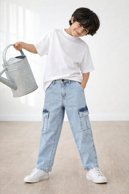 Boys Light Blue Denim Cargo Jeans