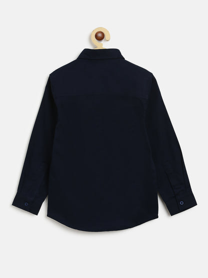 Boys Cotton Navy Blue Shirt With White Lycra Denim Solid Baggy Fit Jeans