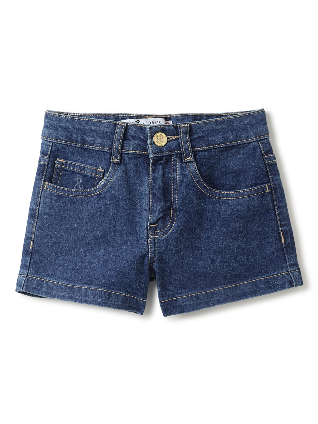 Girls Dark Blue Washed Lycra Regular Fit Above Knee Shorts