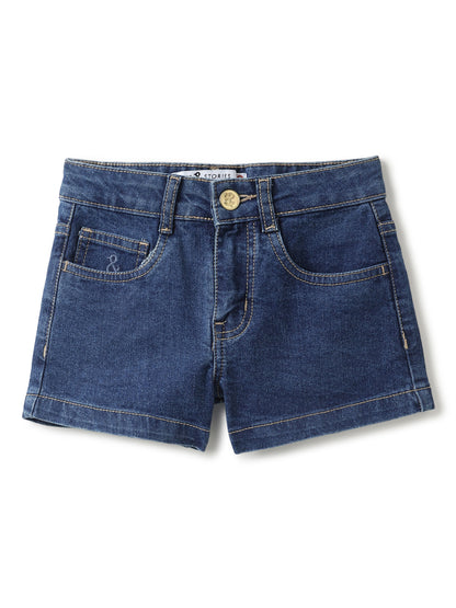 Girls Dark Blue Washed Lycra Regular Fit Above Knee Shorts