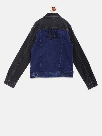 Boys Blue & Black Solid Denim Jacket