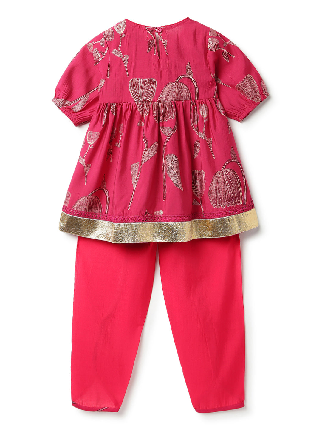 Girls Pink Printed Viscose Round Neck Kurta Set