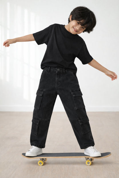 Boys Black Baggy Cargo Denim Jeans
