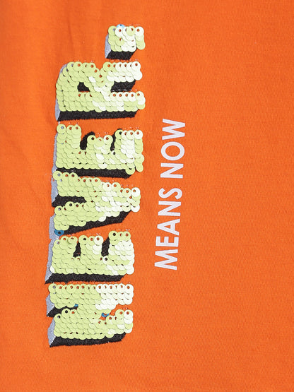 Boys Orange Cotton Embellished T shirt