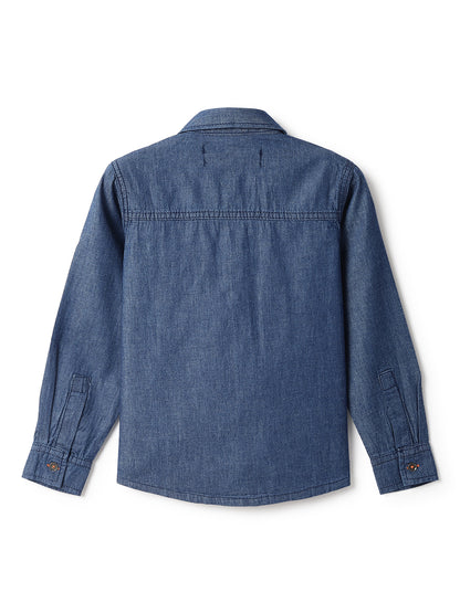 Boys Cotton Solid Blue Shirt With Black Denim Washed Barrel Fit Jeans