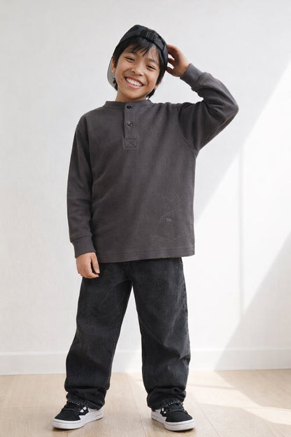 Boys Dark Grey Henley Neck Solid T-Shirt