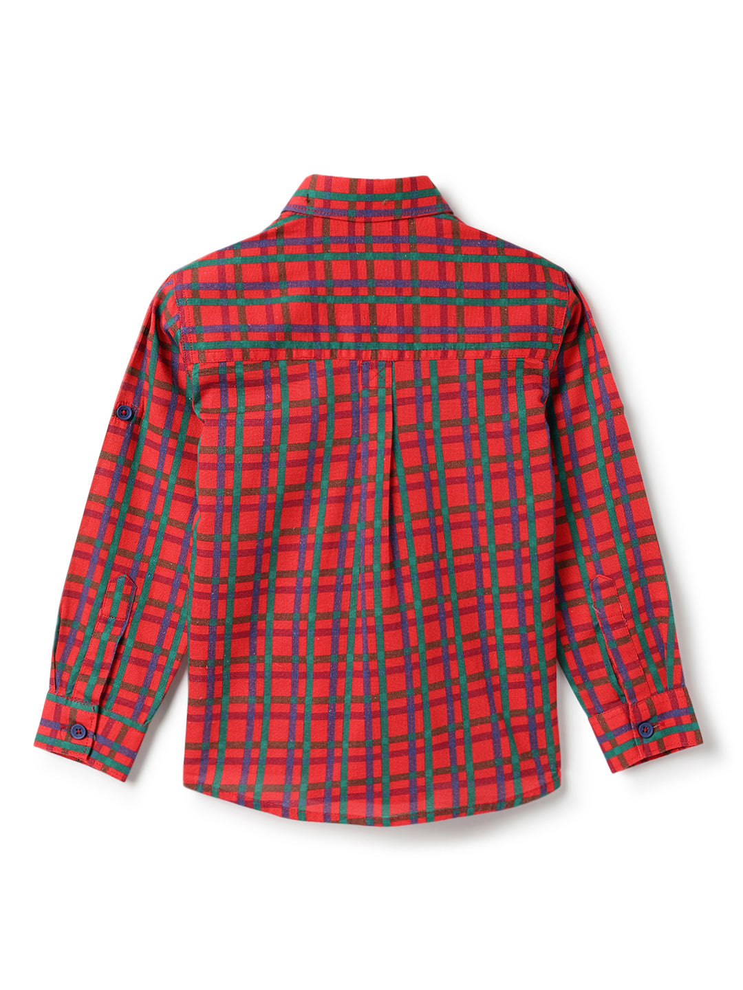 Boys Cotton Checks Red Shirt With White Lycra Denim Solid Barrel Fit Jeans