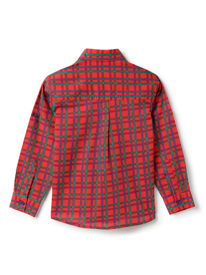 Boys Cotton Checks Red Shirt With White Lycra Denim Solid Barrel Fit Jeans