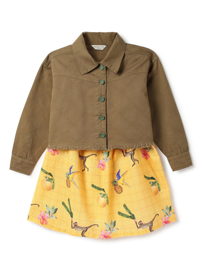 Girls Yellow Floral Printed Cotton Dress with Olive Denim Jacket