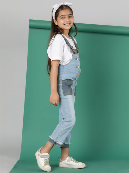 Girls Light Blue Washed Denim Dungarees