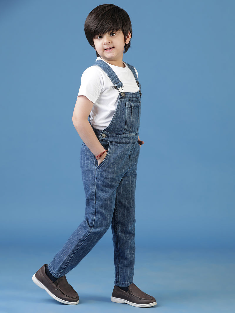 Boys Blue Cotton Striped Dungaree