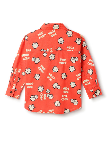 Boys Cotton Printed Red Shirt With Beige Cotton Solid Slim Fit Trouser