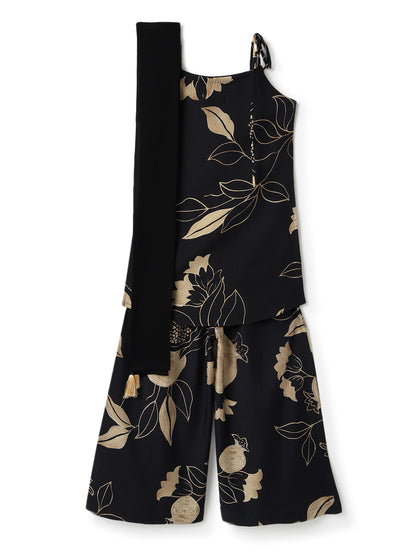 Girls Black Printed Viscose Kurta Set
