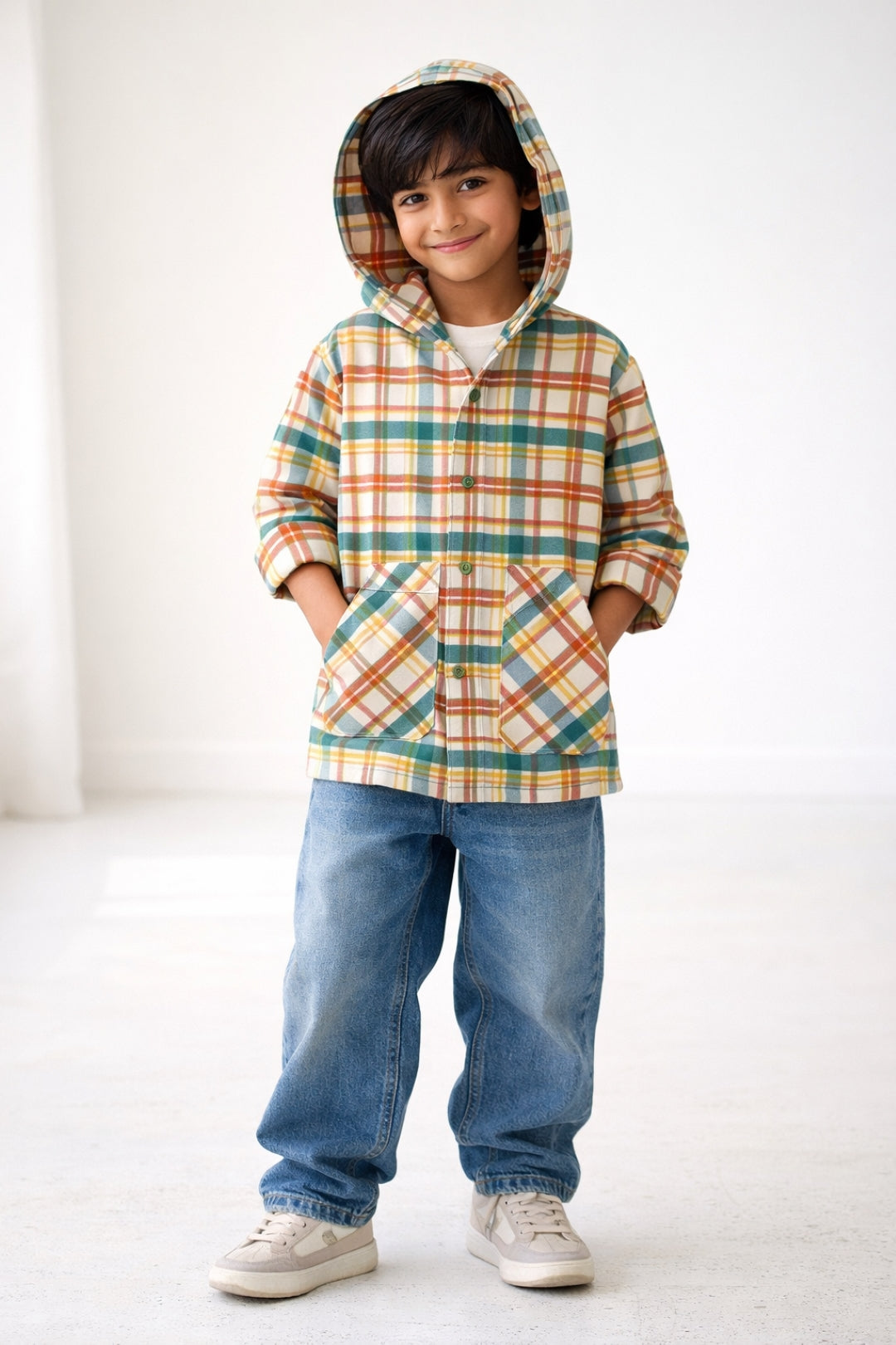 Boys Cotton Multicolor Checked Hooded Shirt