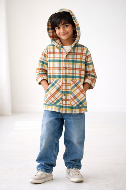 Boys Cotton Multicolor Checked Hooded Shirt