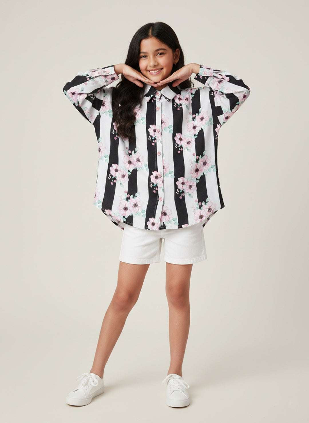 Girls Black Floral Printed Shirt