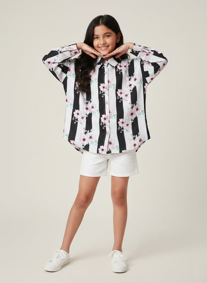 Girls Black Floral Printed Shirt