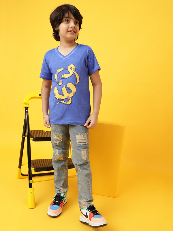 Boys Royal Blue Cotton Printed  T shirt