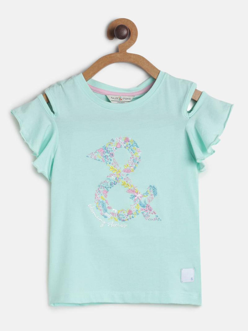 Blue Girls Cotton Embroidered T-shirt