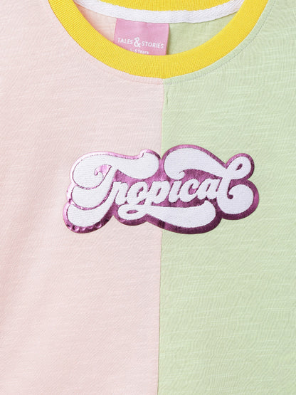 Girls Pink & Green Cotton T-shirt