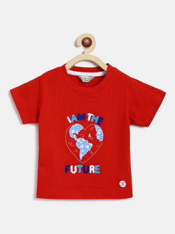 Girls Red Cotton Half Sleeves Embroidery T-shirt