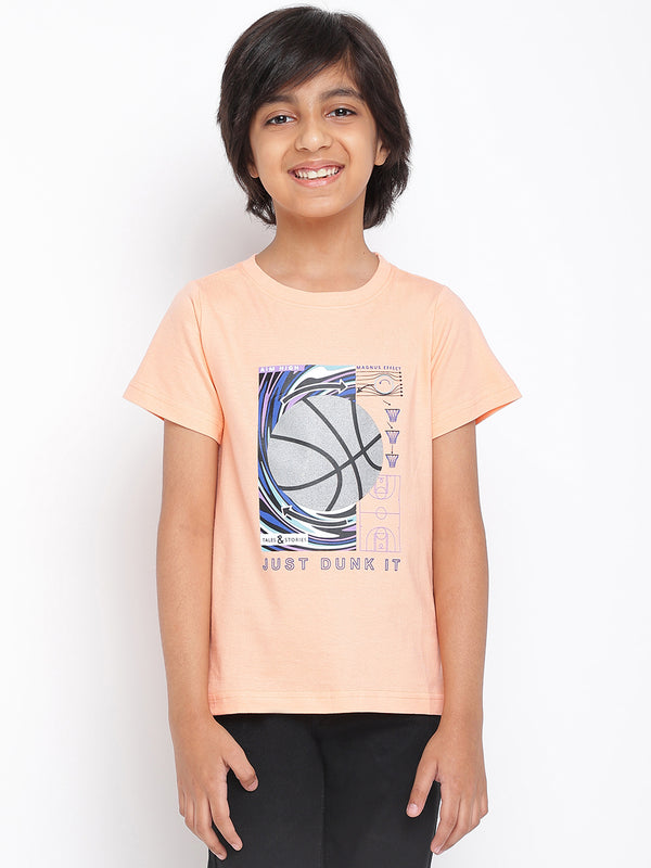 Boys Light Pink Cotton Printed T shirt