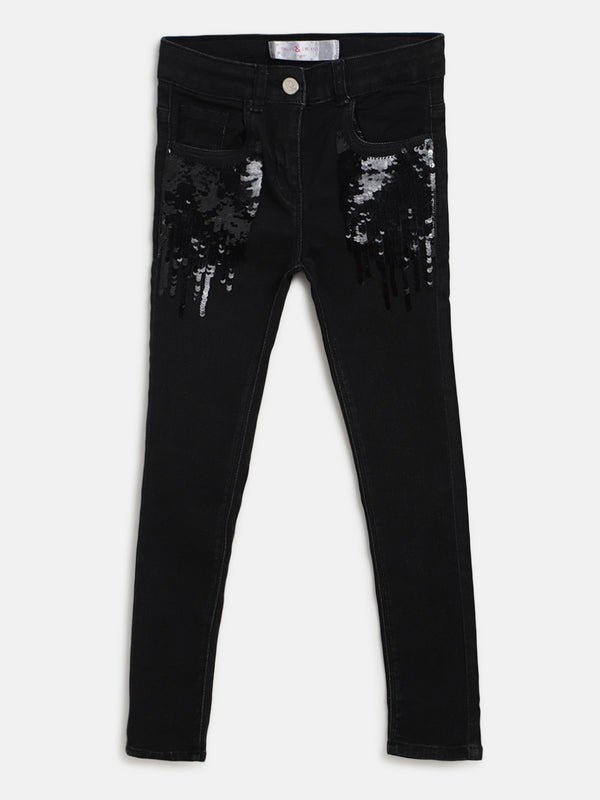 Girls Black  Slim fit Lycra Embellished Jeans