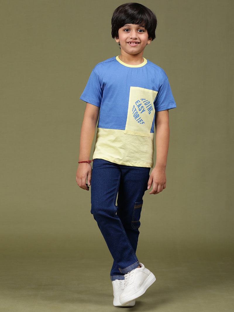 Boys Yellow & Blue 100% Cotton Regular Printed T-shirt