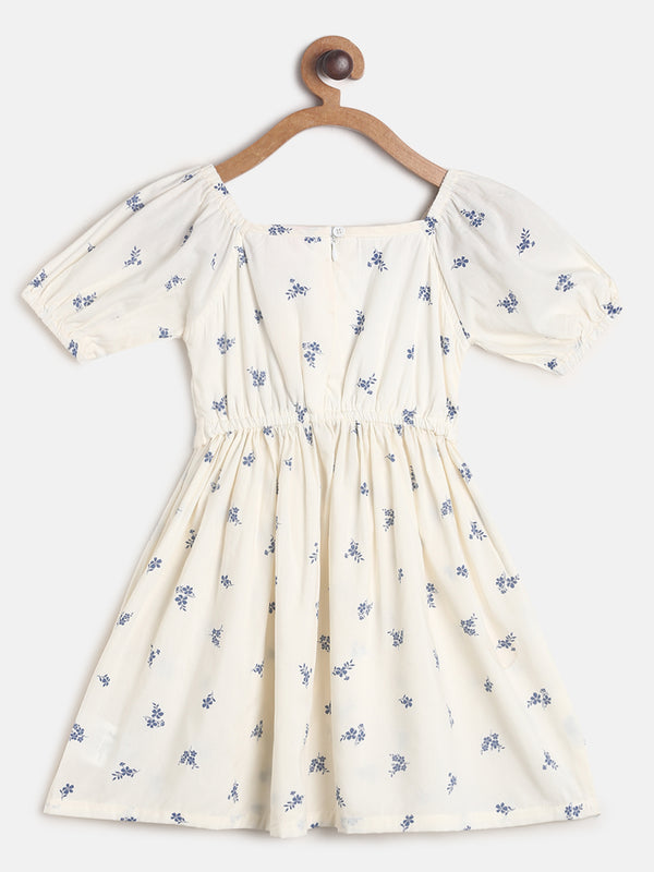 Girls Cream Rayon Regular Fit Half Sleeves Print Dress