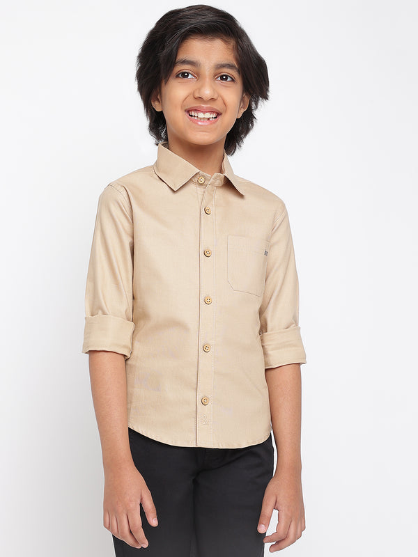 Boys Beige Cotton Solid Full Sleeves Regular Fit Shirt