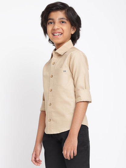 Boys Beige Cotton Solid Full Sleeves Regular Fit Shirt