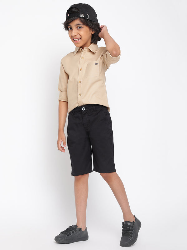 Boys Beige Cotton Solid Full Sleeves Regular Fit Shirt