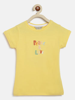 Girls Yellow Cotton Blend Embroidery T-shirt