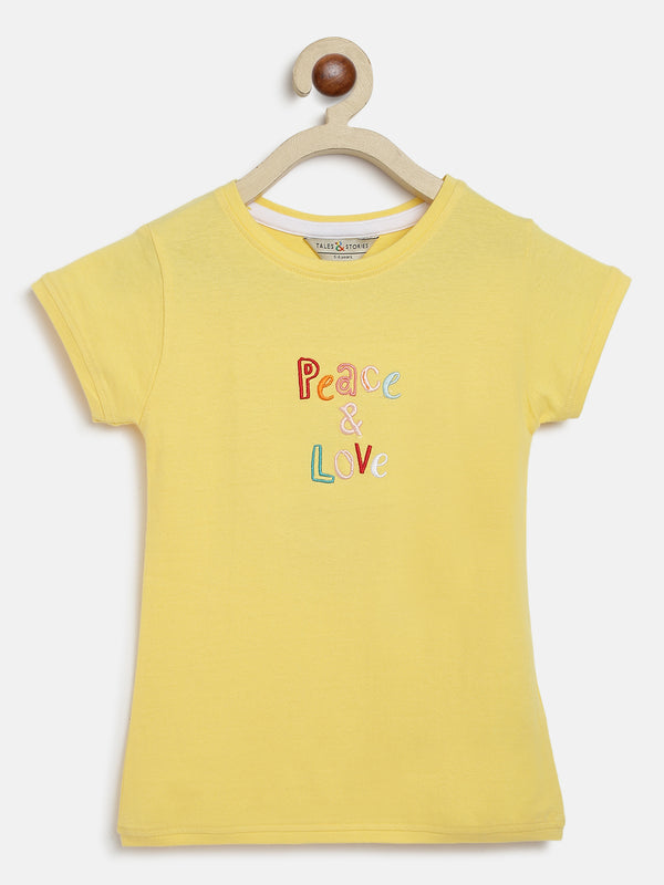 Girls Yellow Cotton Blend Embroidery T-shirt