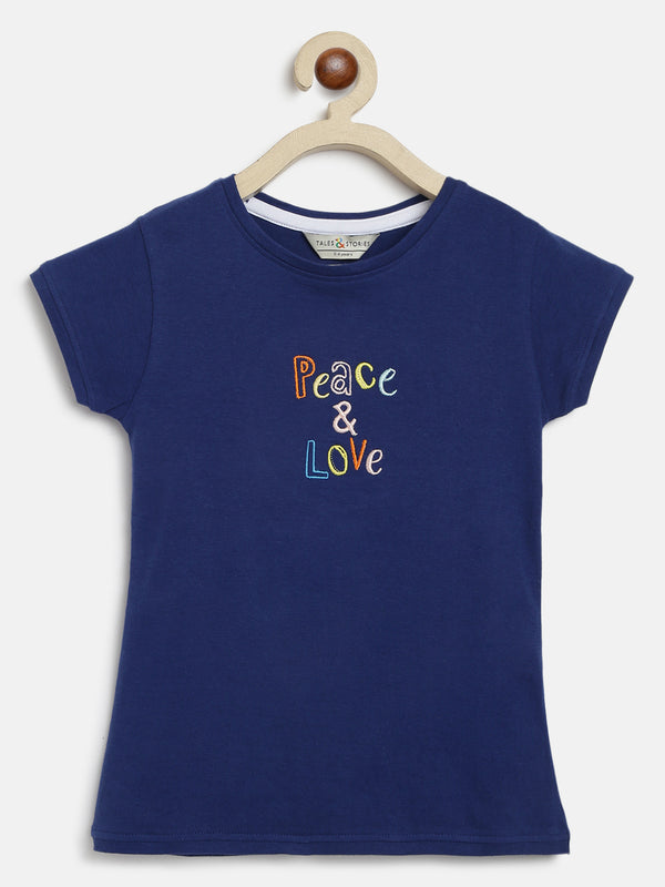 Girls Navy Blue Cotton Blend Embroidery T-shirt