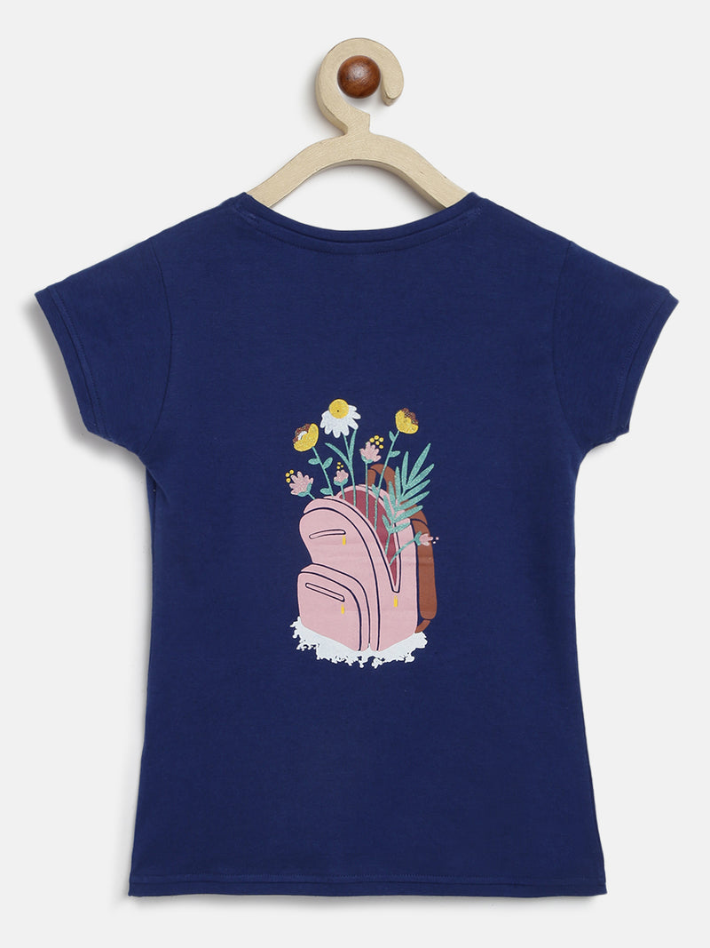 Girls Navy Blue Cotton Blend Embroidery T-shirt