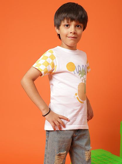 Boys White Cotton Printed T-shirt