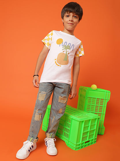 Boys White Cotton Printed T-shirt