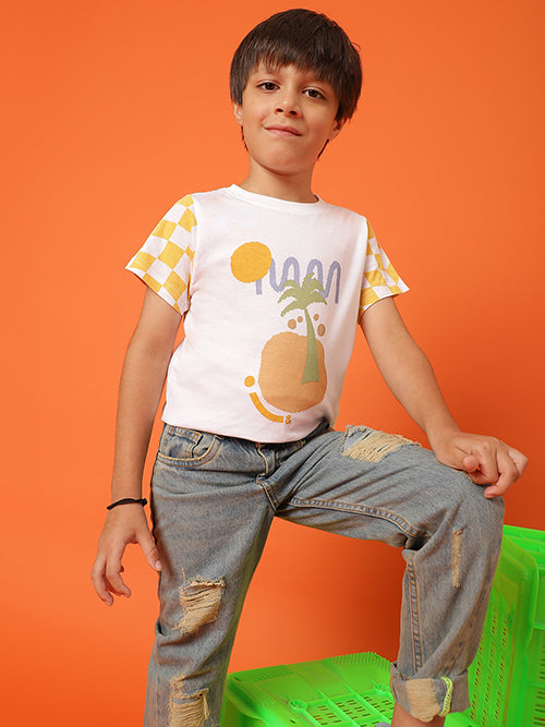 Boys White Cotton Printed T-shirt