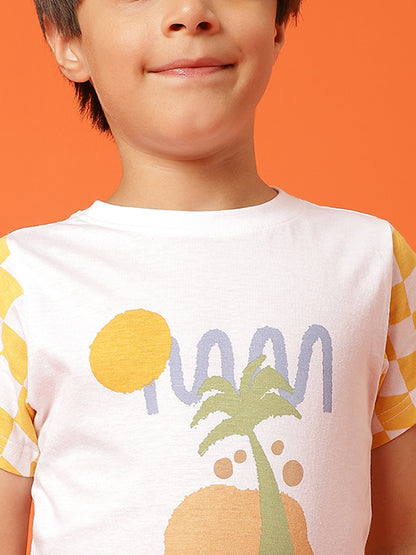 Boys White Cotton Printed T-shirt
