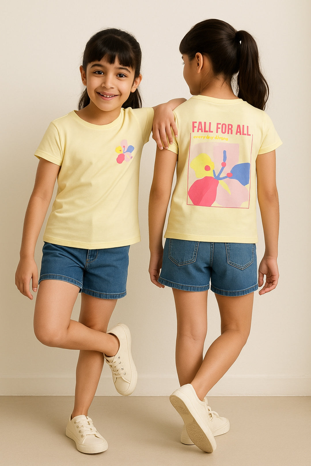 Girls Off White Lycra Printed Slim Fit T-shirt