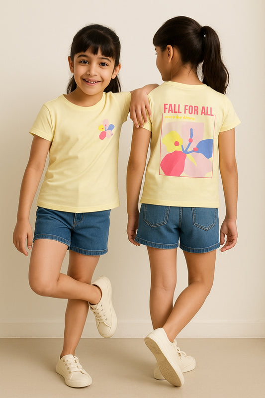 Girls Off White Lycra Printed Slim Fit T-shirt