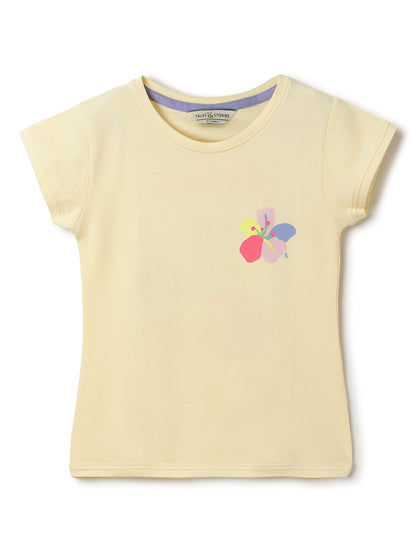 Girls Off White Lycra Printed Slim Fit T-shirt