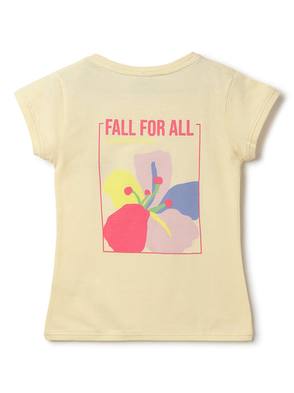 Girls Off White Lycra Printed Slim Fit T-shirt