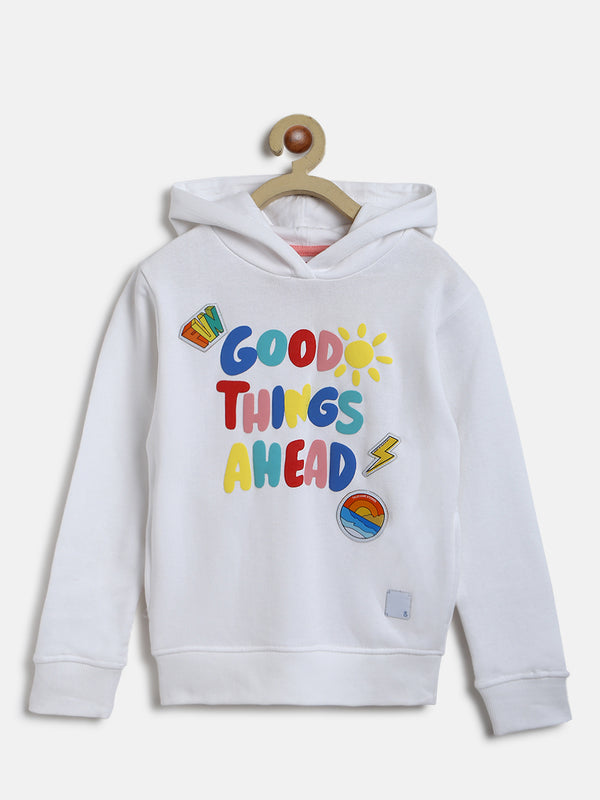 Girls White Poly-Cotton Printed Sweatshirt