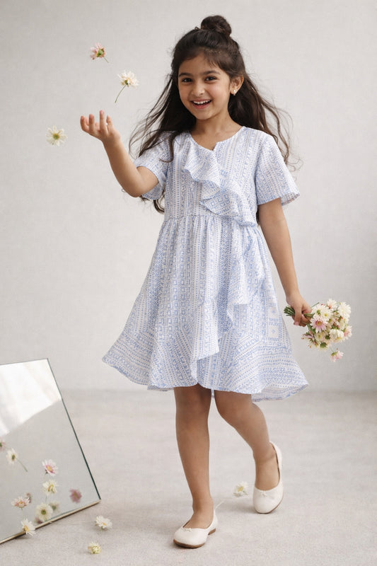 Girls Blue Overall Print Dress