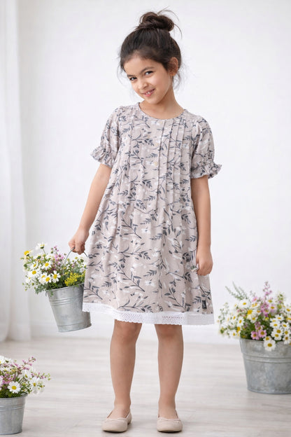 Girls Beige Floral Printed Dress